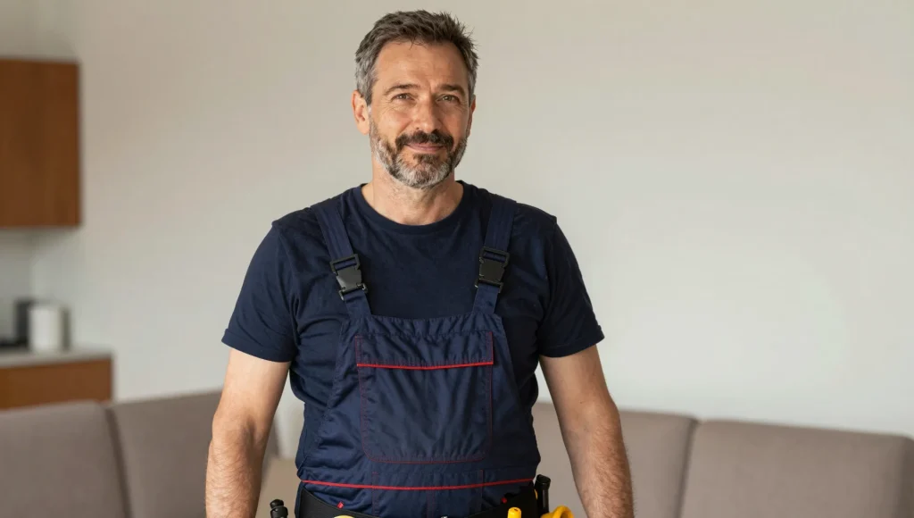 Elektrofachkraft in Arbeitskleidung bei der Arbeit am Verteiler.