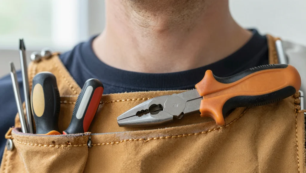 Werkzeug und Messgeräte einer Elektrofachkraft auf einer Arbeitsfläche.
