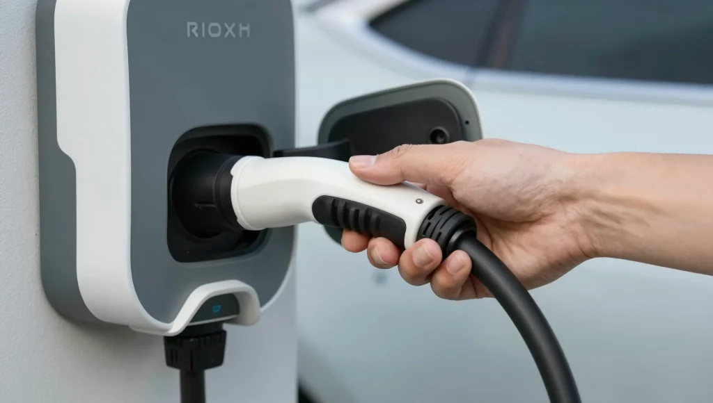 Ladekabel eines Elektroautos an einer Wallbox.