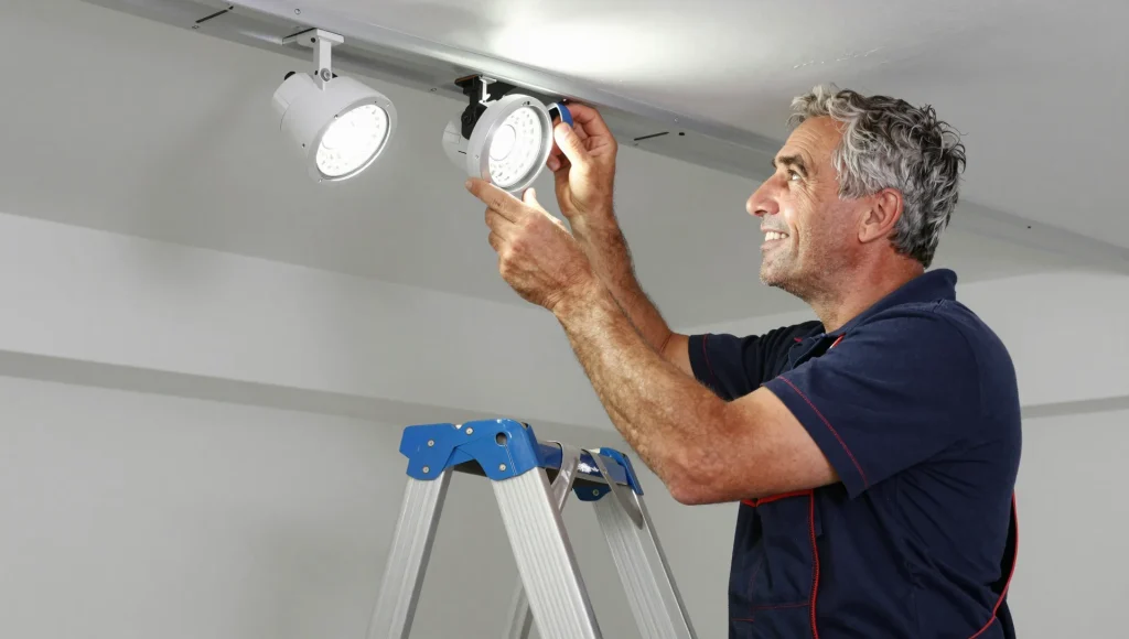 Montage von LED-Spots an einer Zimmerdecke.
