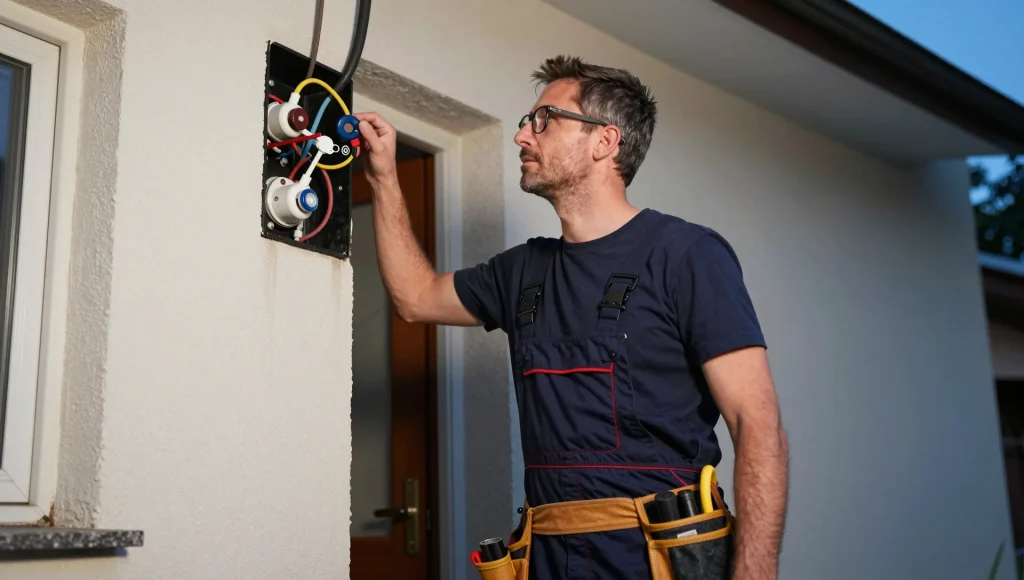 Elektrofachkraft bei einem Einsatz in den Abendstunden.