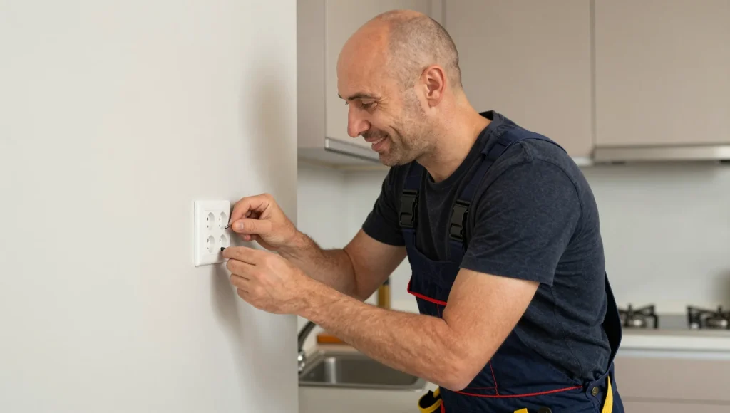 Installation einer Steckdose in einem Einfamilienhaus.