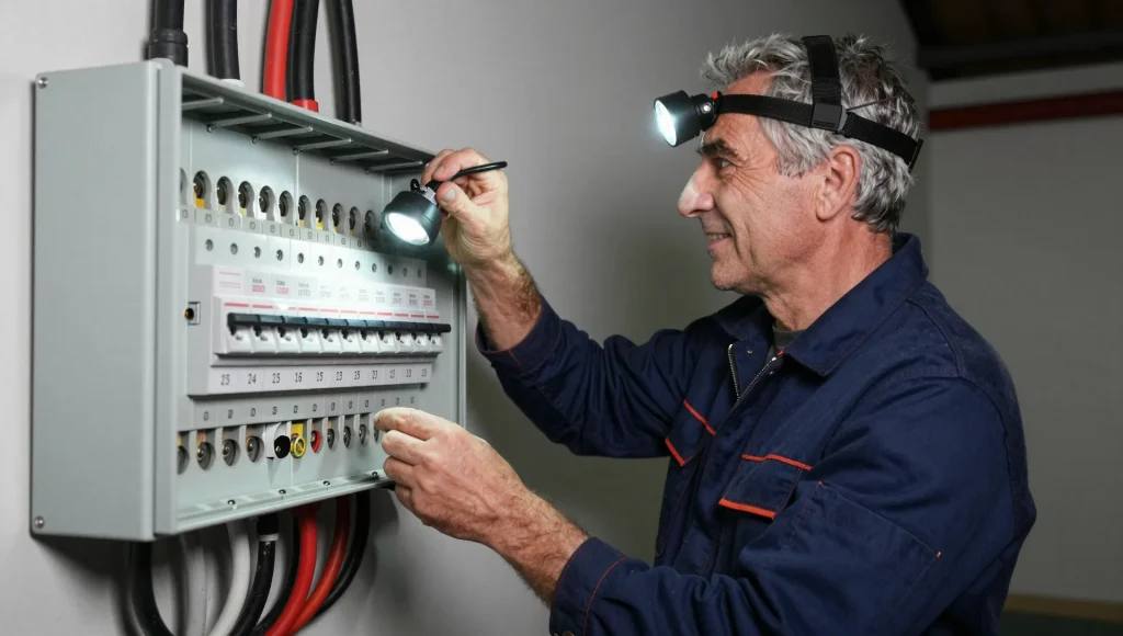 Elektrofachkraft bei der Fehlersuche am Sicherungskasten im Dunkeln.