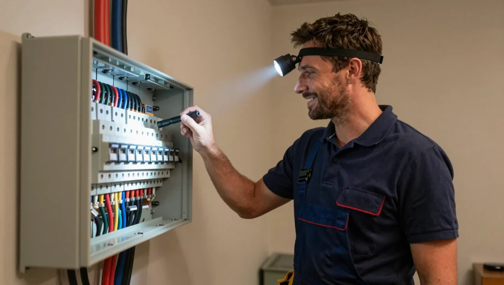 Elektrofachkraft prüft einen Verteiler nach einem Stromausfall.