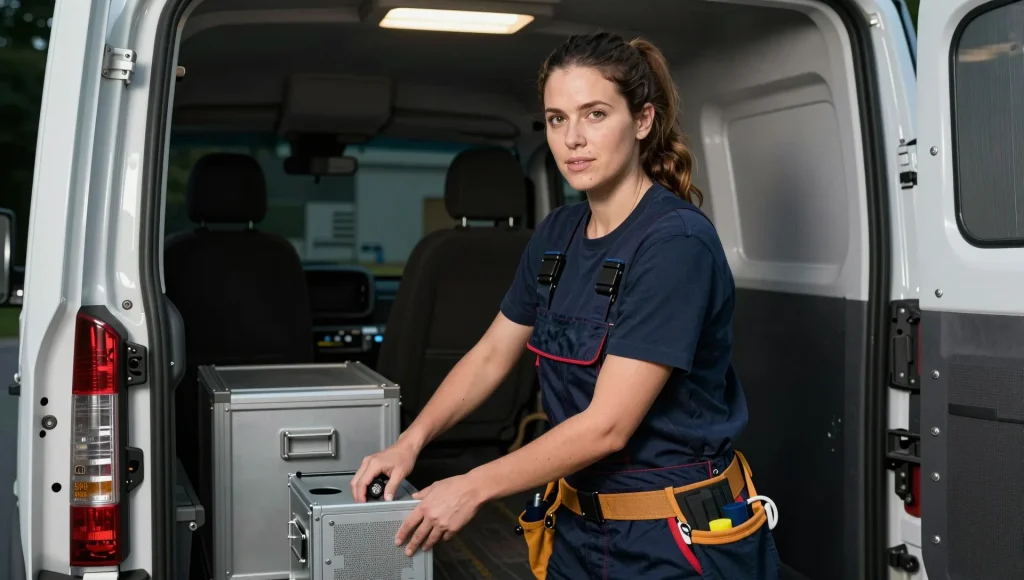 Servicefahrzeug mit Prüfausrüstung einer Elektrofachkraft.