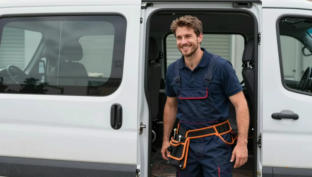 Servicefahrzeug einer Elektrofachkraft bei einem Einsatz.