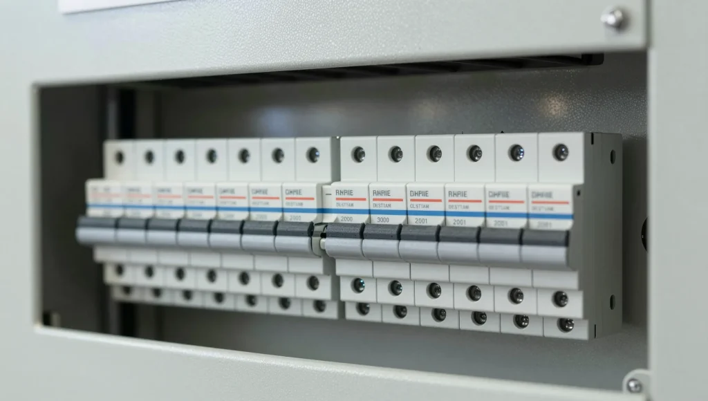 Offener Verteilerschrank mit Leitungsschutzschaltern.