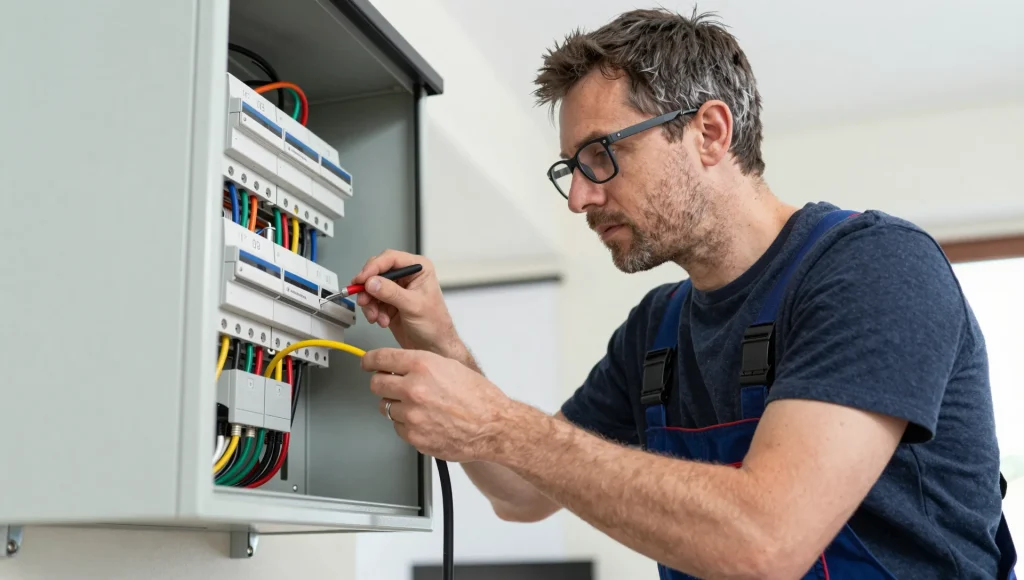 Verkabelter Verteilerschrank in einem Siedlungshaus.