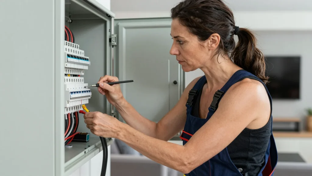 Verkabelter Verteilerschrank in einem Geschosswohnungsbau.
