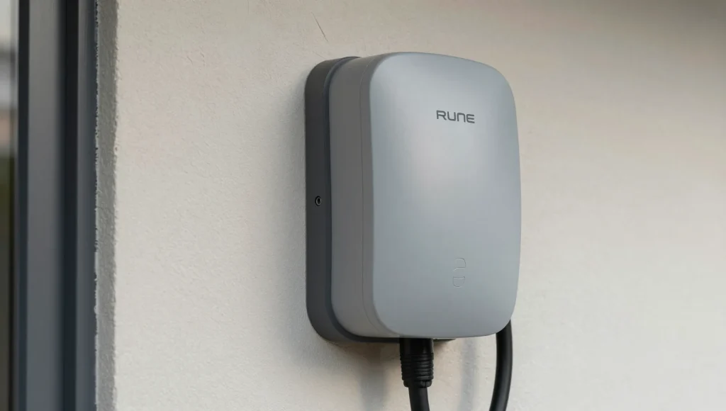 Nahaufnahme einer montierten Wallbox mit Ladekabel.