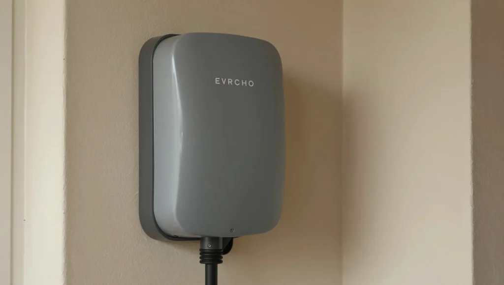 Nahaufnahme einer Wallbox mit Ladekabel am eigenen Stellplatz.